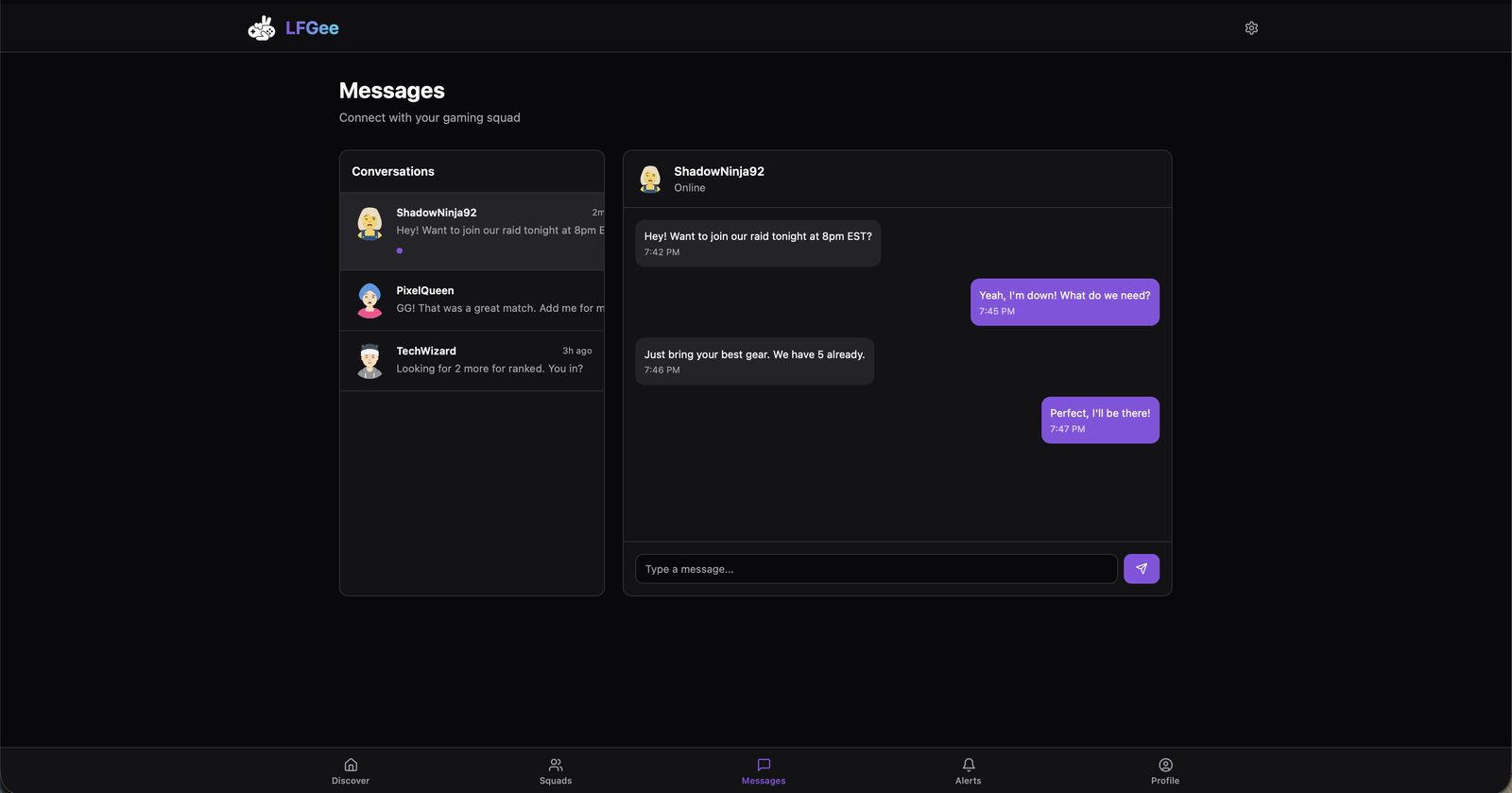LFGee messaging screen