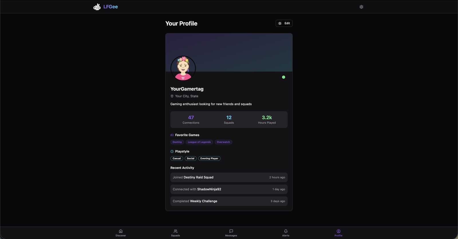 LFGee profile screen